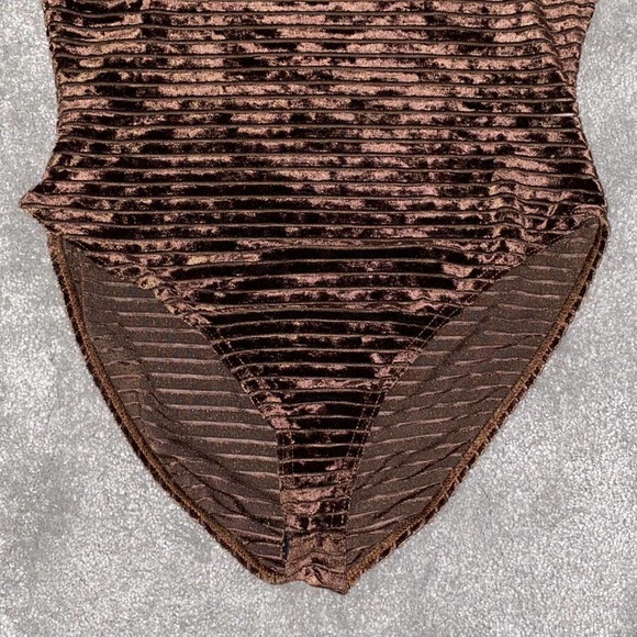 M VTG Adam Pour Eve Paris Brown Velvet Sheer Mesh Striped Long Sleeve Bodysuit - Picture 7 of 12
